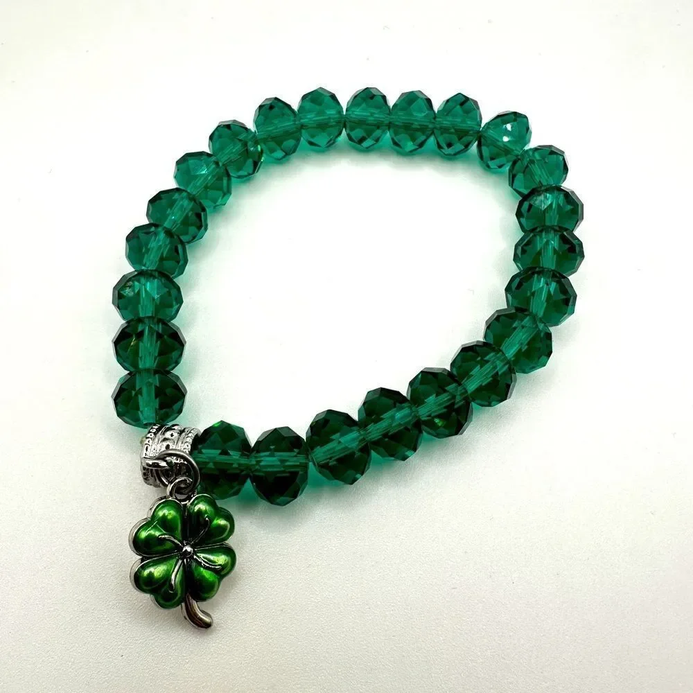 SALE! Green faceted glass crystal beaded stretch bracelet with shamrock charm!